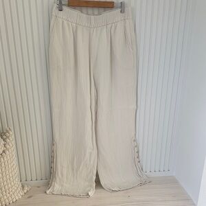 Cream Wide-Leg Pants with Side Slits